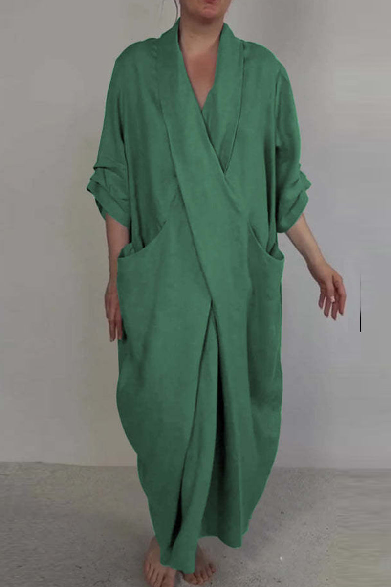 Mila - Casual Effen Kleur Lange Jurk met V-Hals en Pocket