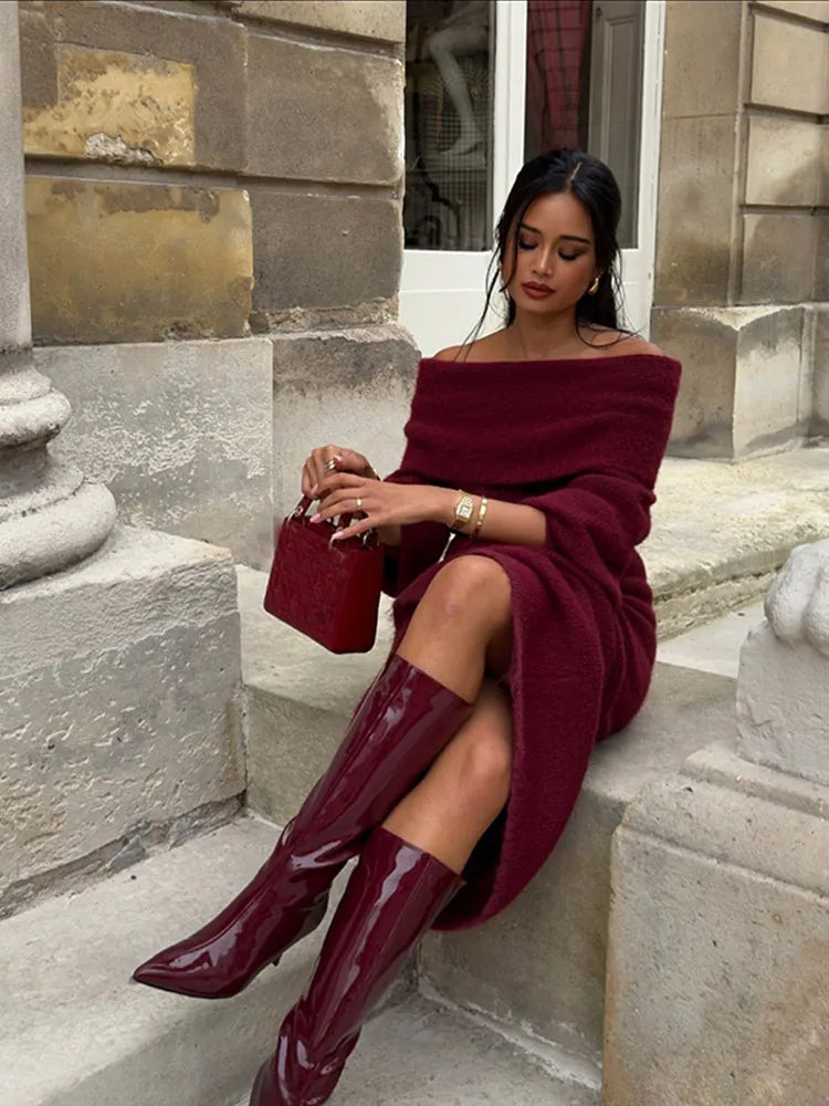 Eloah - Off Shoulder Geplooide Gebreide Maxi Dress