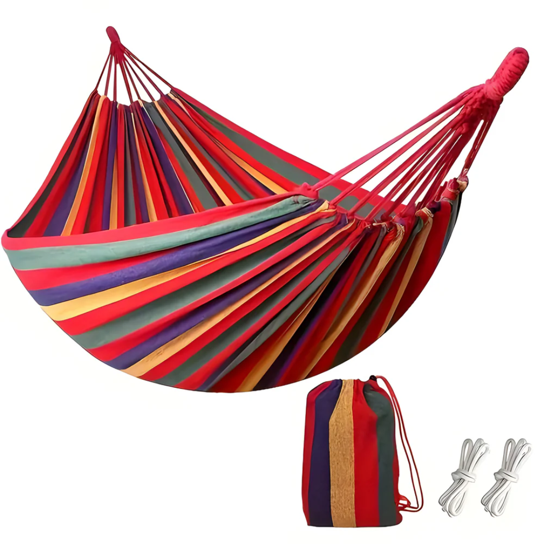 Outdoor Fabric Hammock with Striped Pattern and Rope Loops – Red - 200 cm × 150 cm (78.74" × 59.06")