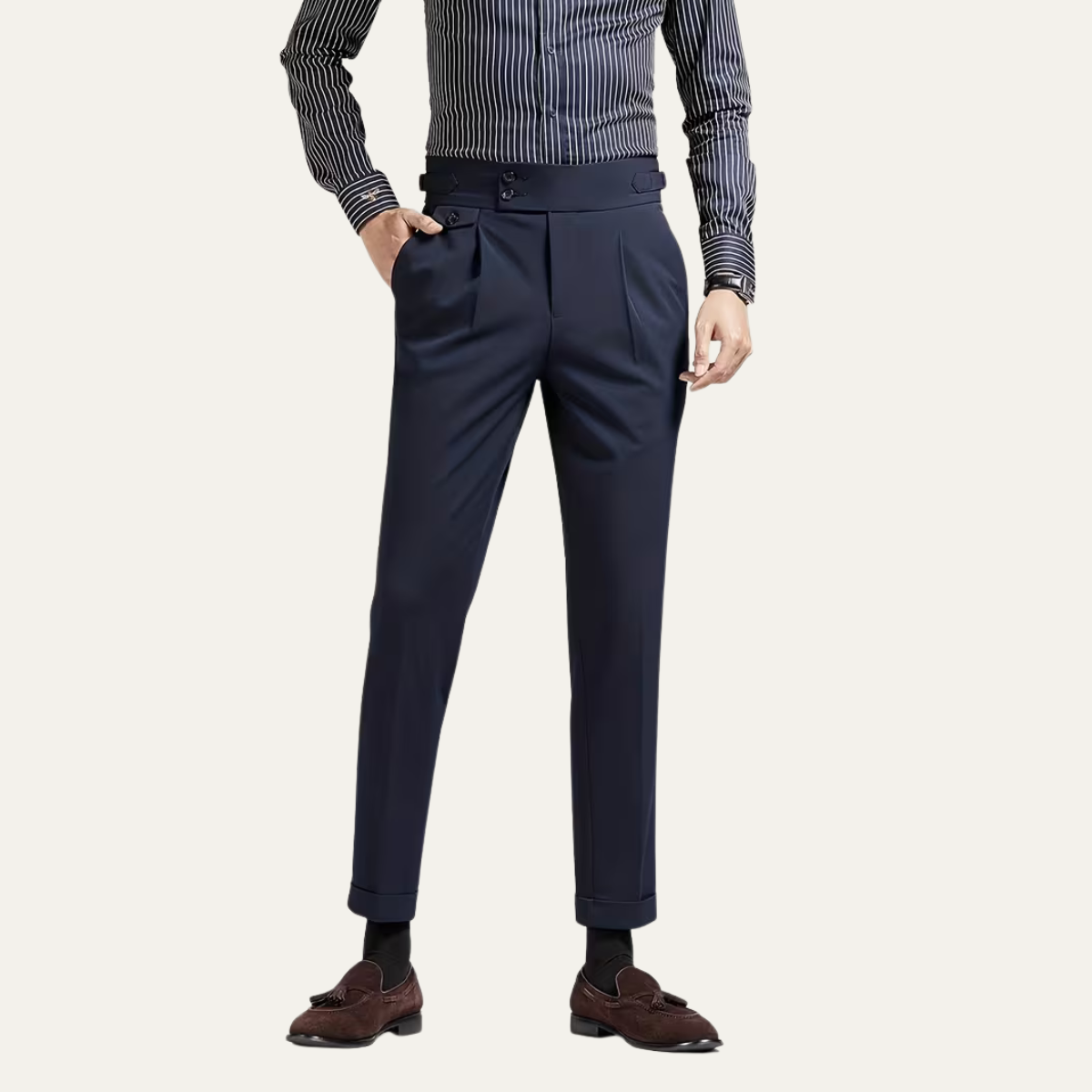 Heren Slim Fit Broek – High-Rise, Dubbelzijdige Plissé, Met Knopen, Geschikt voor Formele Gelegenheden