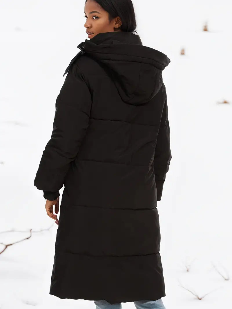 Dames Lange Winterjas met Capuchon β Zwart Effen, Gevoerd en Isolerend, Voor Winter