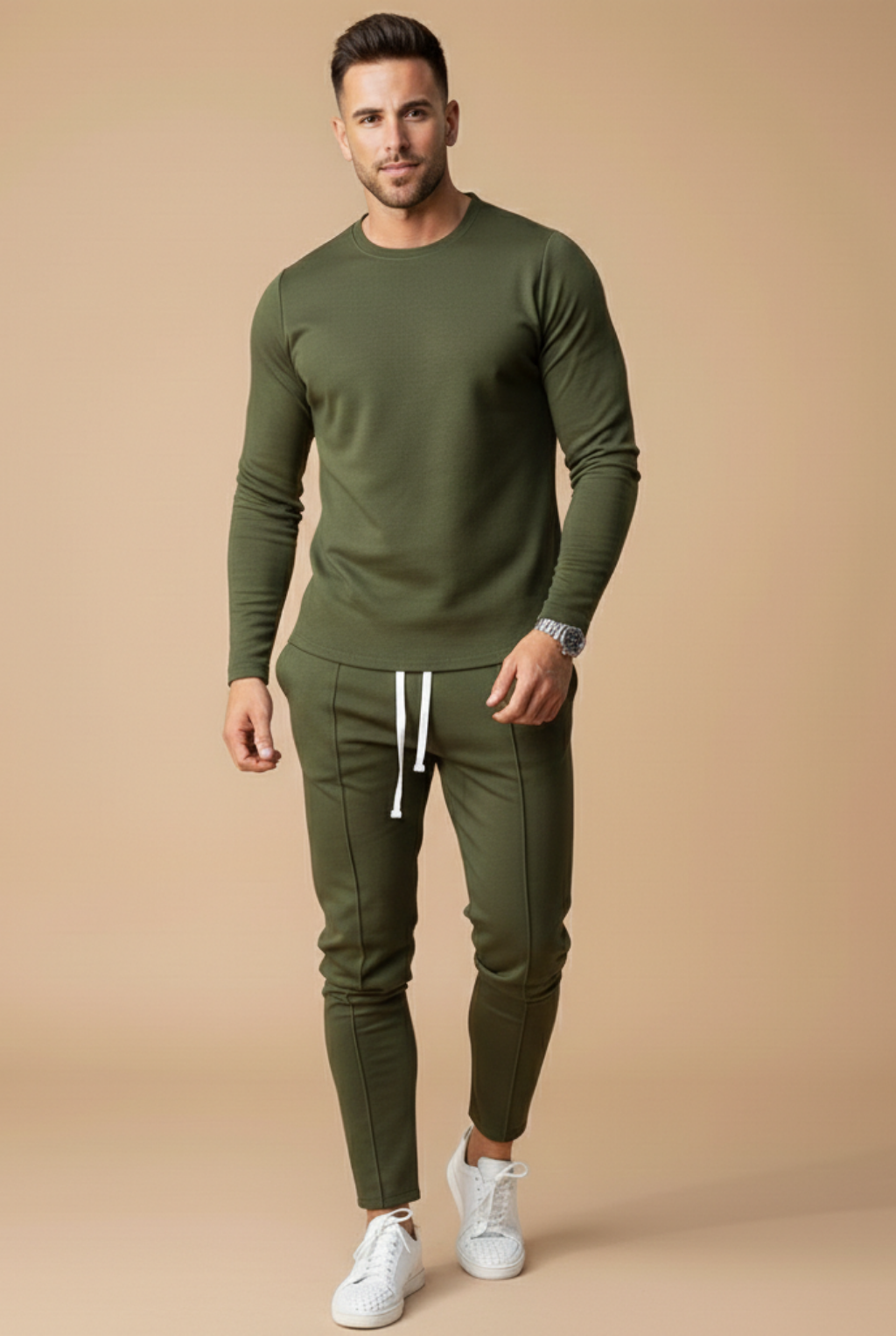 Heren Slim Fit Set – Lange Mouwen Top en Slim Leg Broek met Touwsluiting voor Casual Gebruik