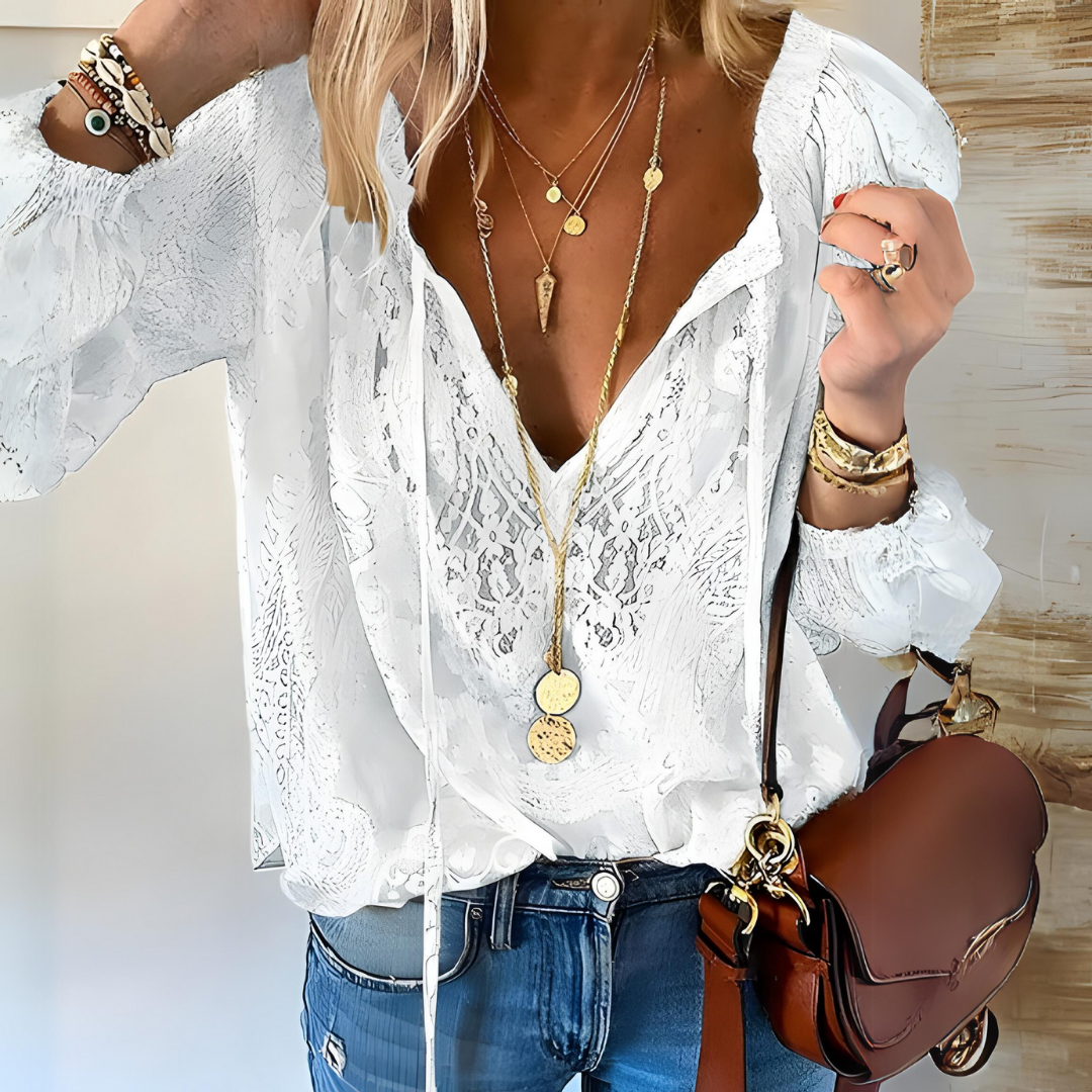 Kanten Dames Blouse met Strikkoord – Elegante Details & Comfortabele Pasvorm