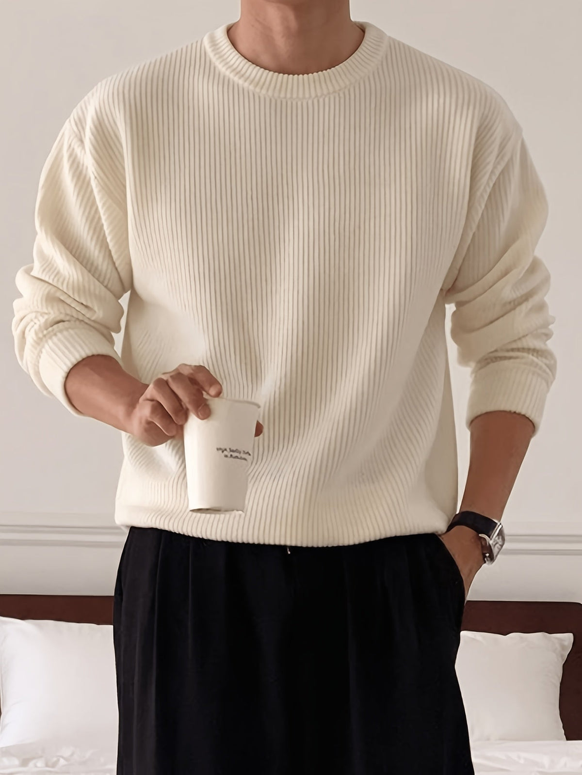 Heren Ribgebreide Crew-Neck Trui met Losse Pasvorm