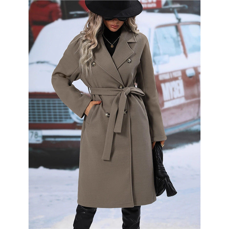 Dames Chique Trenchcoat – Dubbele Rij Knopen, Beige Waterafstotend, Perfect voor Lente en Herfst
