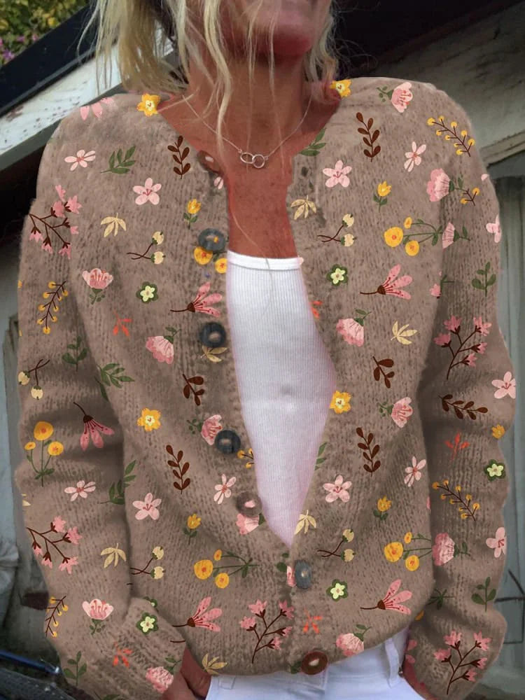 Gebreide Cardigan met Knopen en Bloemenprint – Comfortabele Damestrui voor Alle Seizoenen