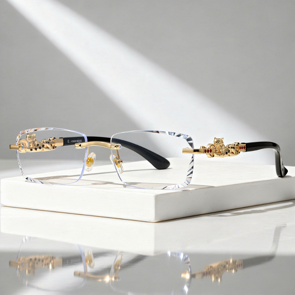 Zonnebril met Panterdetail en Facetgeslepen Rimless Glazen