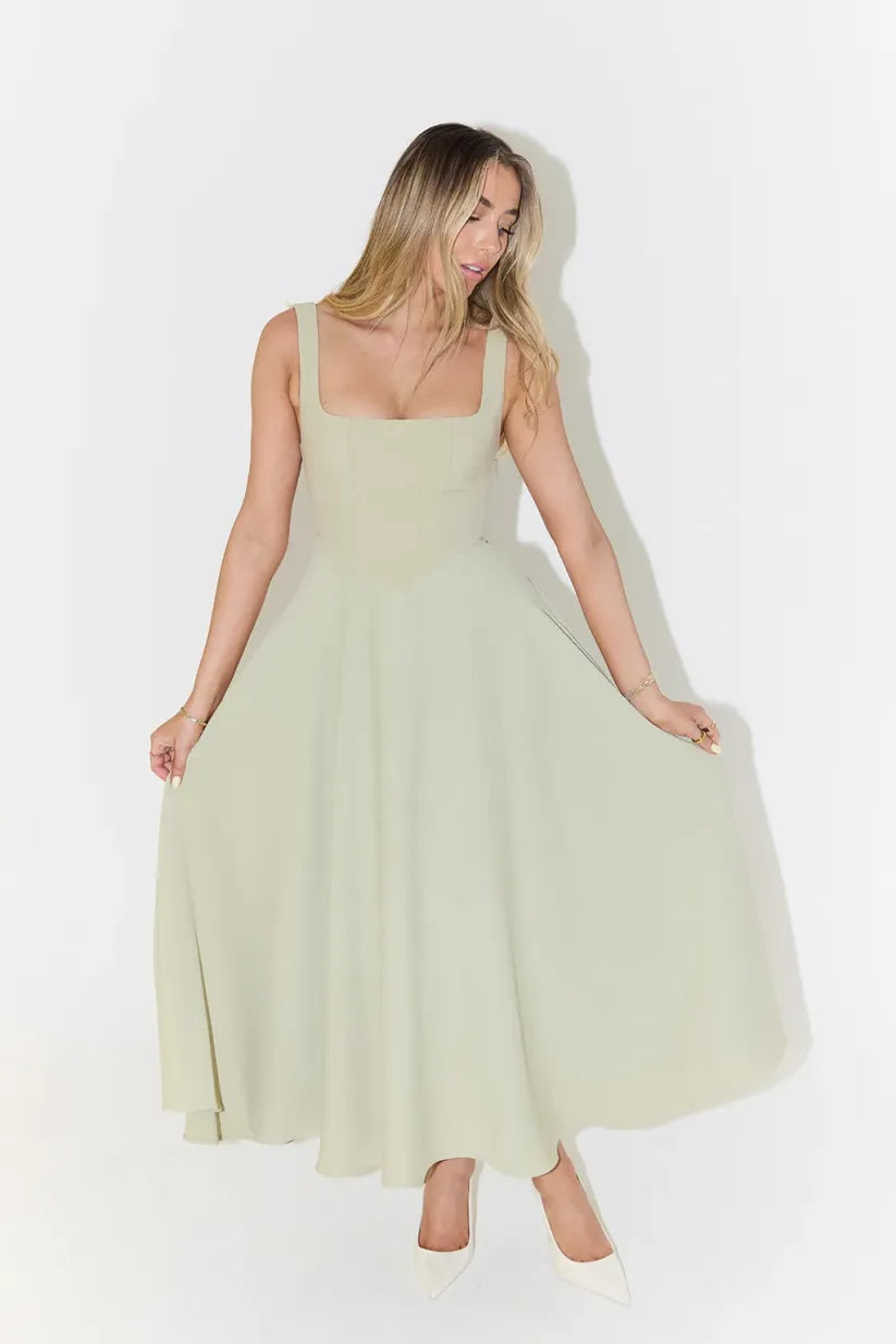 Sophie - Midi-jurk met Vierkante Hals en Hoge Taille