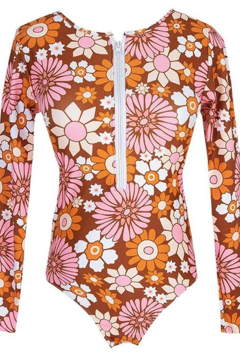 Luna - Boho Bloem Eendelig Badpak met Lange Mouwen en Rits