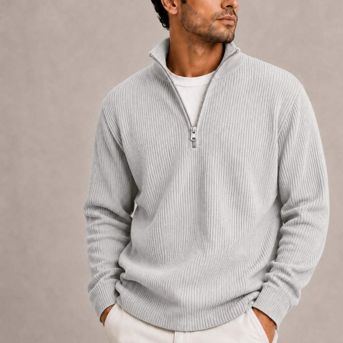 Heren Quarter-Zip Trui met Staande Kraag - Geribbeld Gebreid