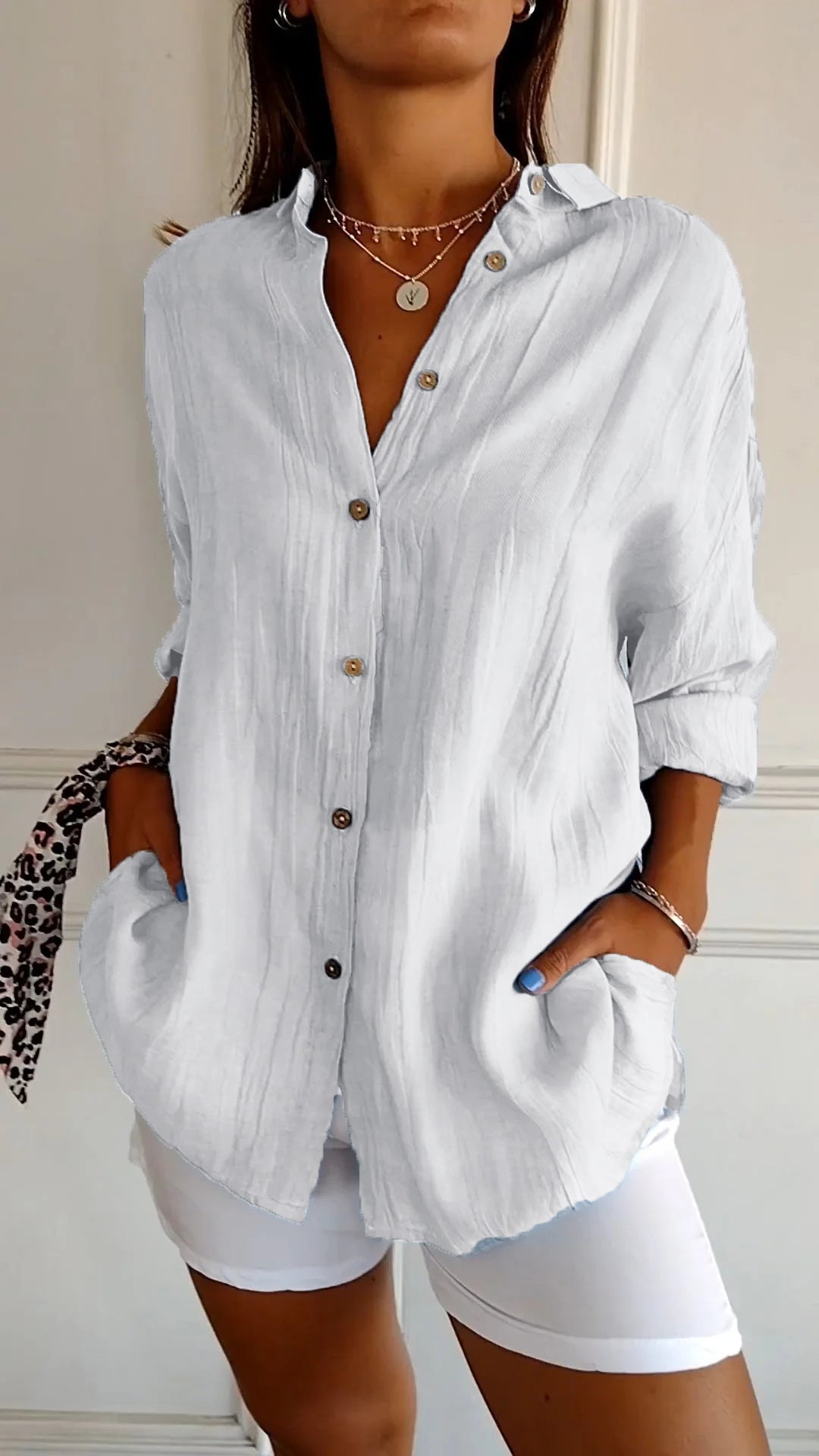 Dames Blouse Lange Mouw met Plissé-Structuur en Zakken