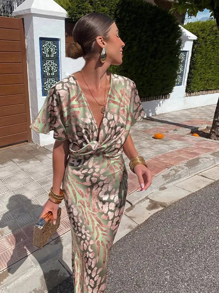 Dames Maxi Jurk β Groen met Print, Lange Damesjurk voor Casual of Feest