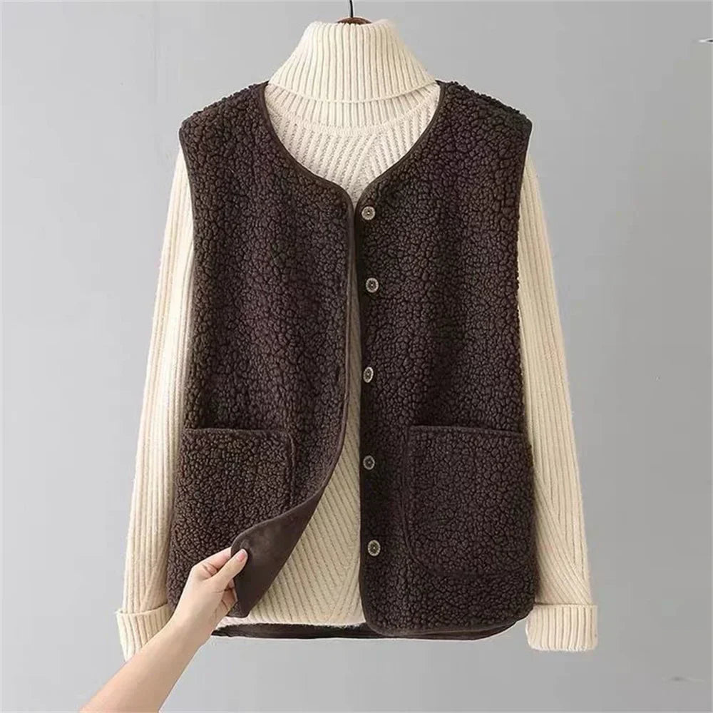 Dames Zachte Bodywarmer met Knopen en Zakken – Warm Katoen, Casual Vest voor Herfst en Winter