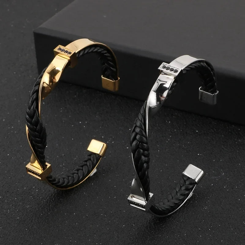 Heren Armband Gevlochten Leer en Staal