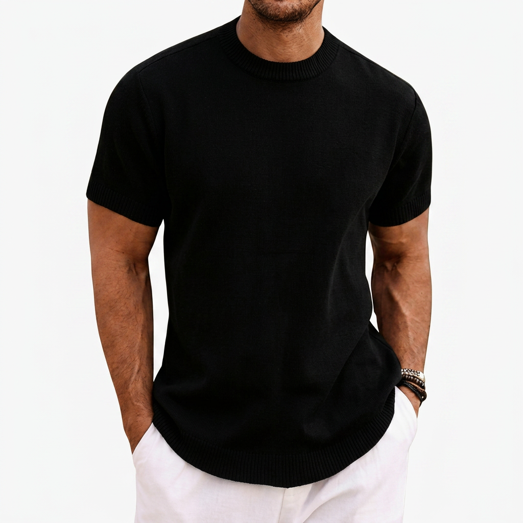 Heren Gebreid T-shirt met Ronde Hals en Korte Mouwen