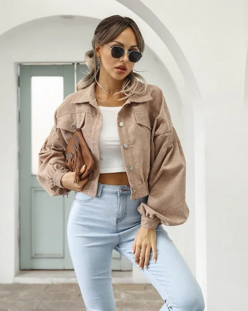 Daleyza - Corduroy Cropped Bomberjack met Lantern Mouwen
