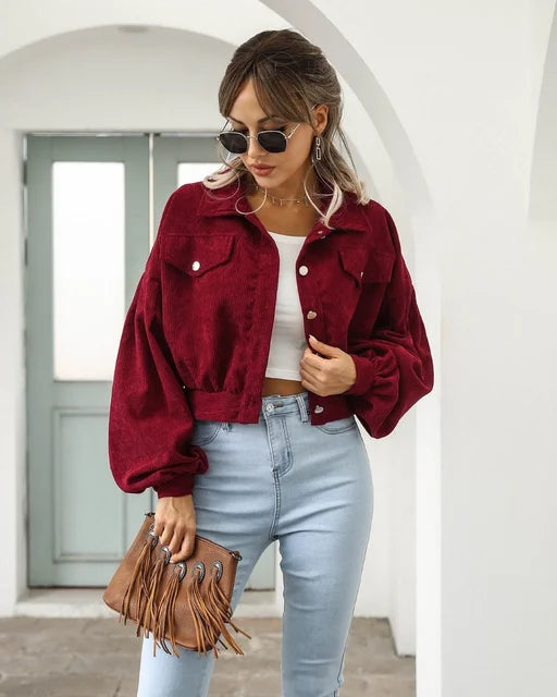 Daleyza - Corduroy Cropped Bomberjack met Lantern Mouwen