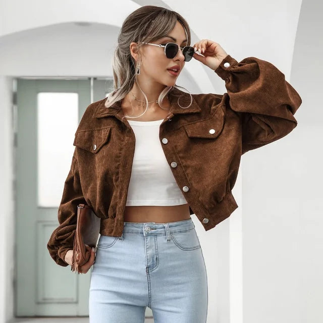 Daleyza - Corduroy Cropped Bomberjack met Lantern Mouwen