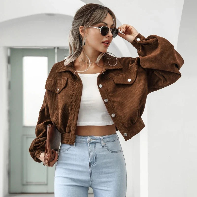 Daleyza - Corduroy Cropped Bomberjack met Lantern Mouwen