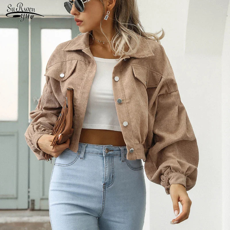 Daleyza - Corduroy Cropped Bomberjack met Lantern Mouwen