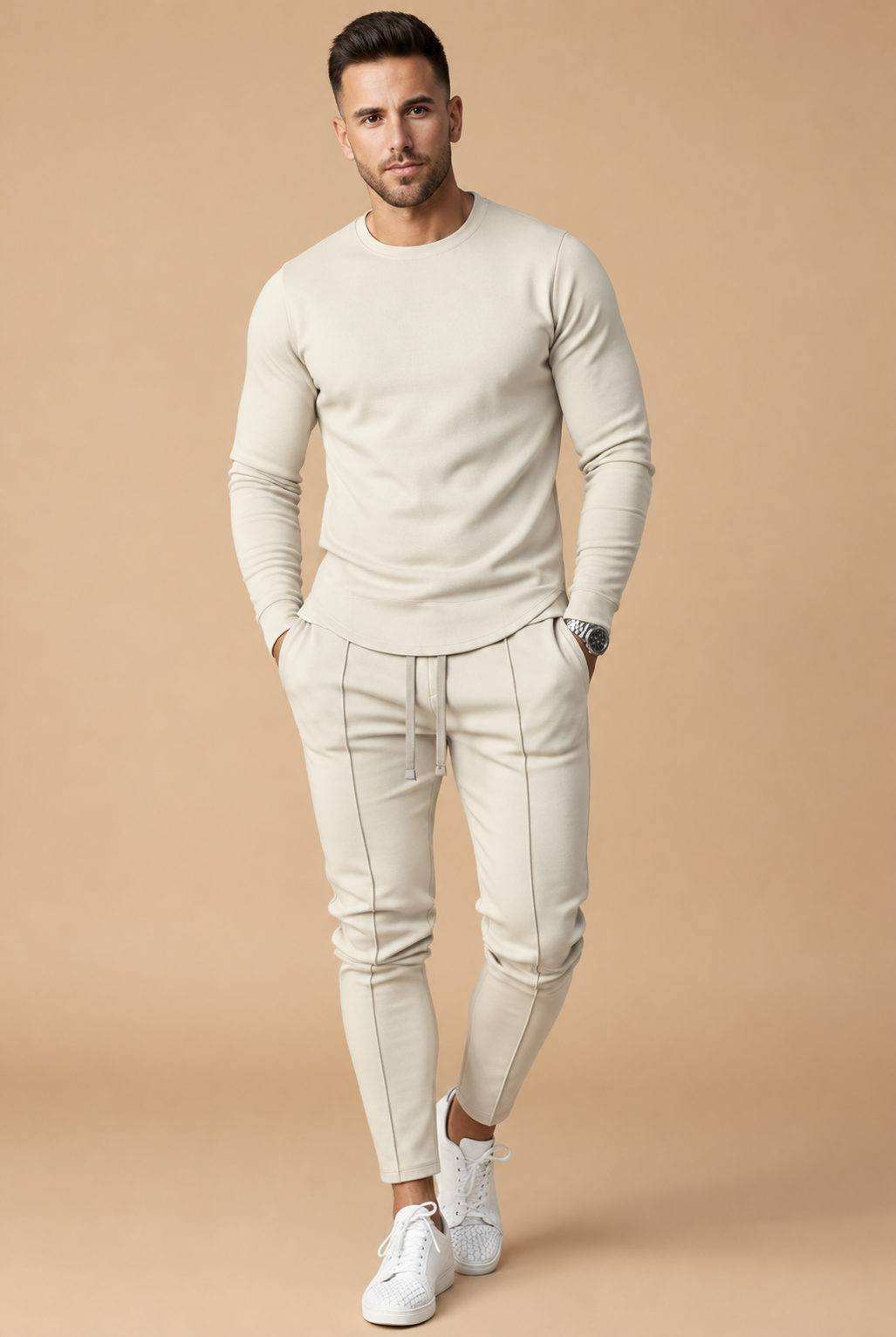 Conjunto de corte entallado para hombre - Top de manga larga y pantalón de pierna entallada con cierre de cordón para uso informal