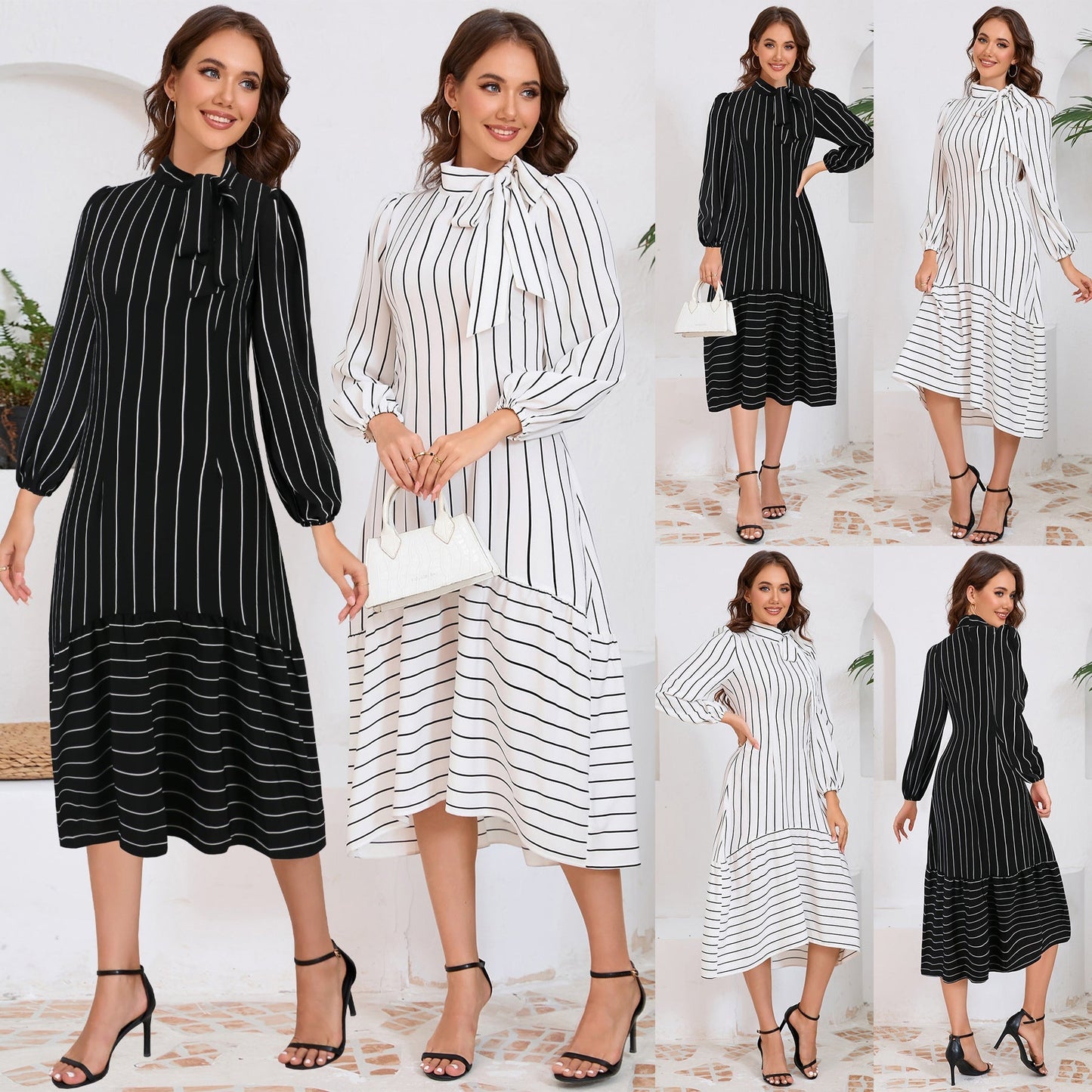 Strikdetail Midi Jurk met Lange Mouwen – Elegante Look voor Elke Gelegenheid