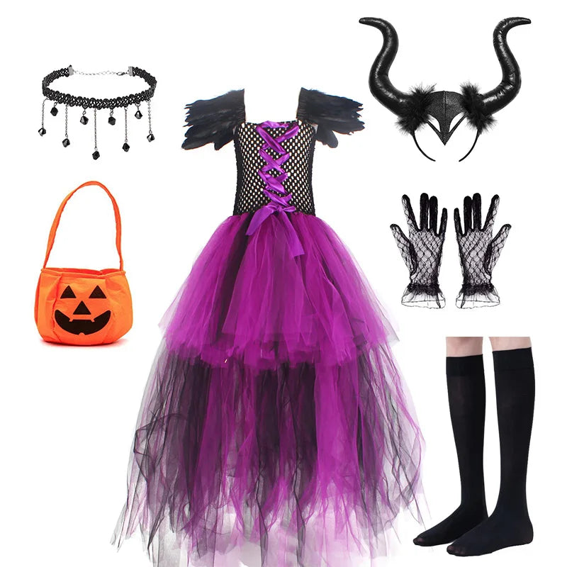 Dark fairy queen girls costume full 7-piece set with pumpkin bag