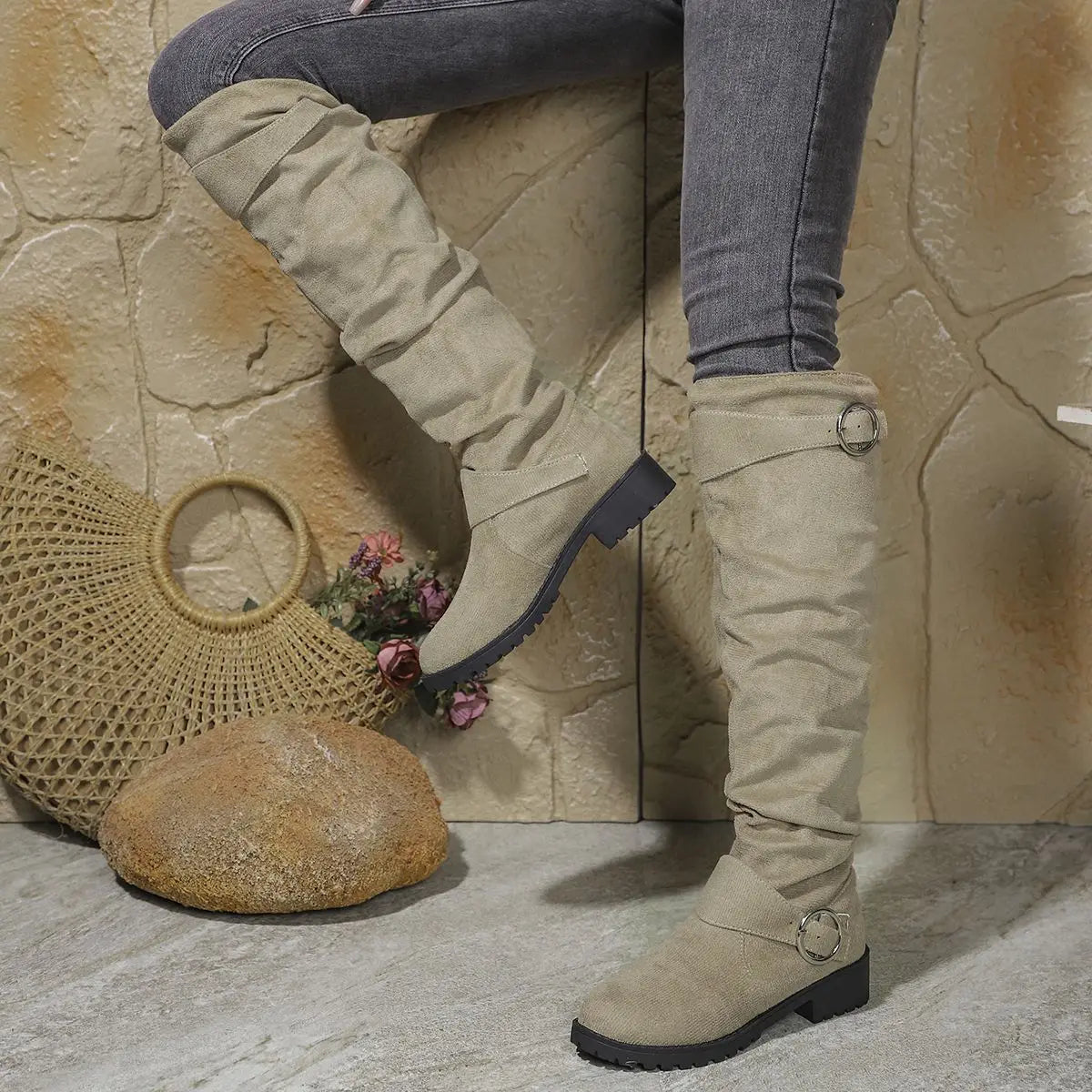 Dames Knielaarzen Slouchy Fit met Gespdetails