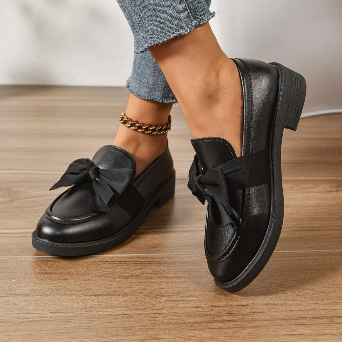 Dames Loafers Glanzend Leer met Strikdetail - Platform Instappers