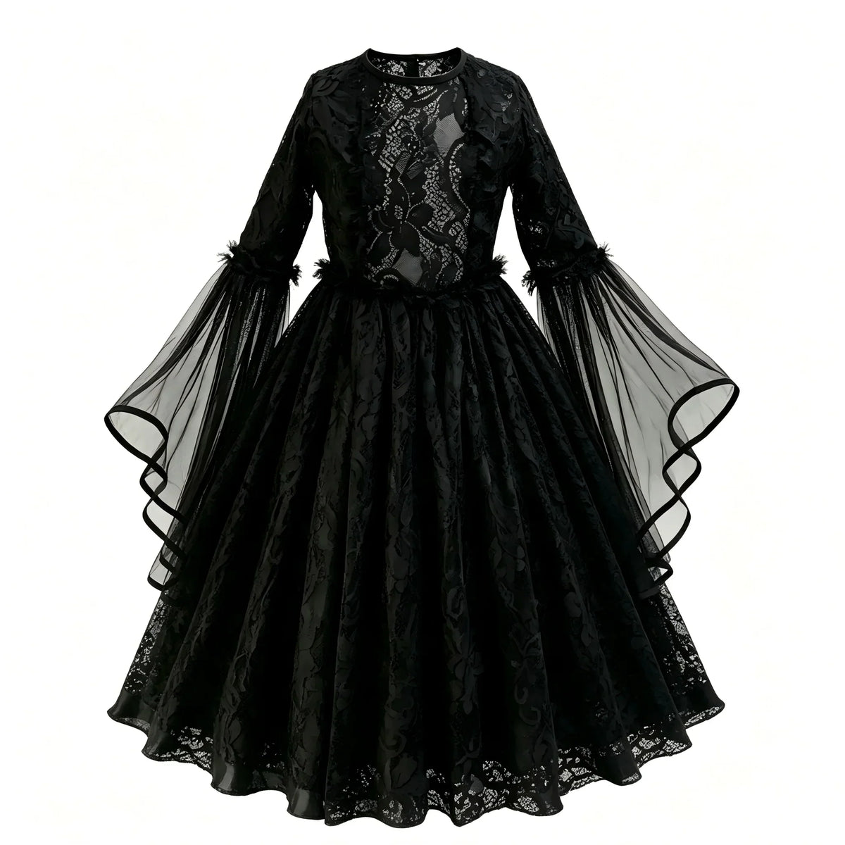 Déguisement de mariée fantôme gothique pour fille, vue rapprochée de la robe en dentelle et des roses