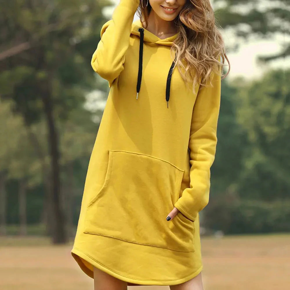 Dames Relaxed Fit Hoodie Jurk β Sweatstof, met Capuchon, Lange Mouw, Casual voor Herfst/Winter