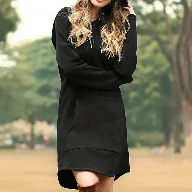 Dames Relaxed Fit Hoodie Jurk β Sweatstof, met Capuchon, Lange Mouw, Casual voor Herfst/Winter