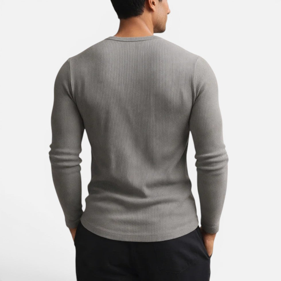 Heren Longsleeve met Geribde Structuur en Knoopsluiting