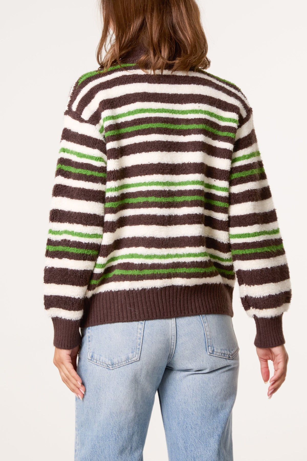 Dames Winter Trui met Rits - Gestreepte Coltrui Chocoladebruin