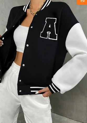 Dames Varsity Bomberjack β Zwart, College Jack met Letterprint, Casual Streetwear