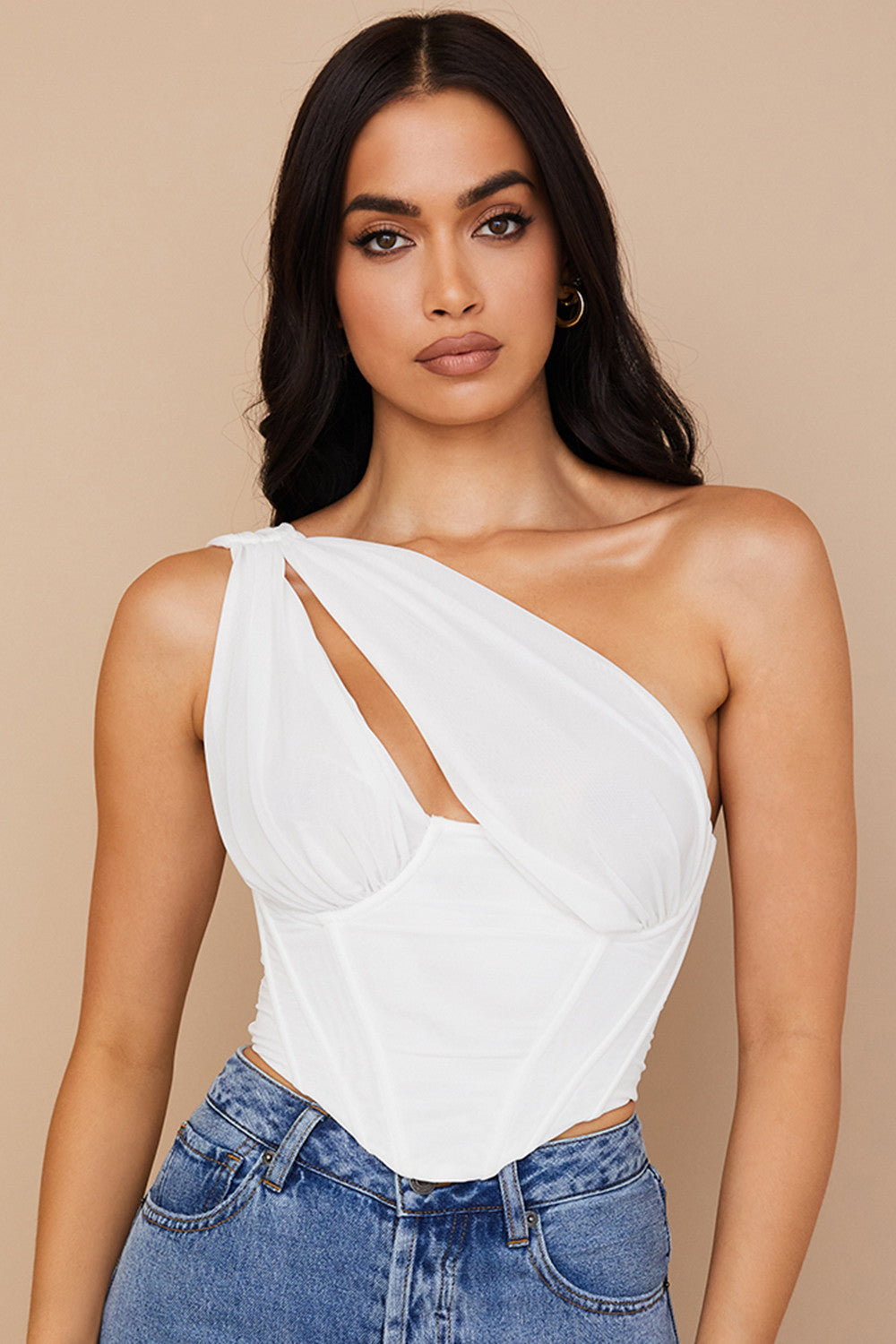 Havienna - Witte Asymmetrische Top met Mesh en Uitsnede