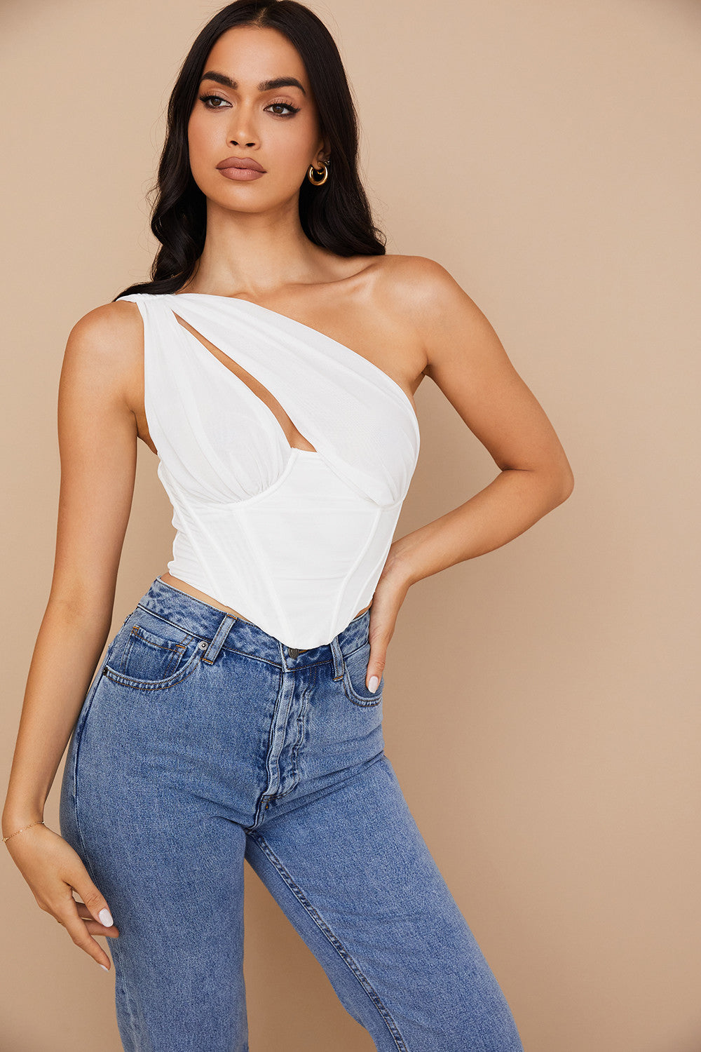 Havienna - Witte Asymmetrische Top met Mesh en Uitsnede