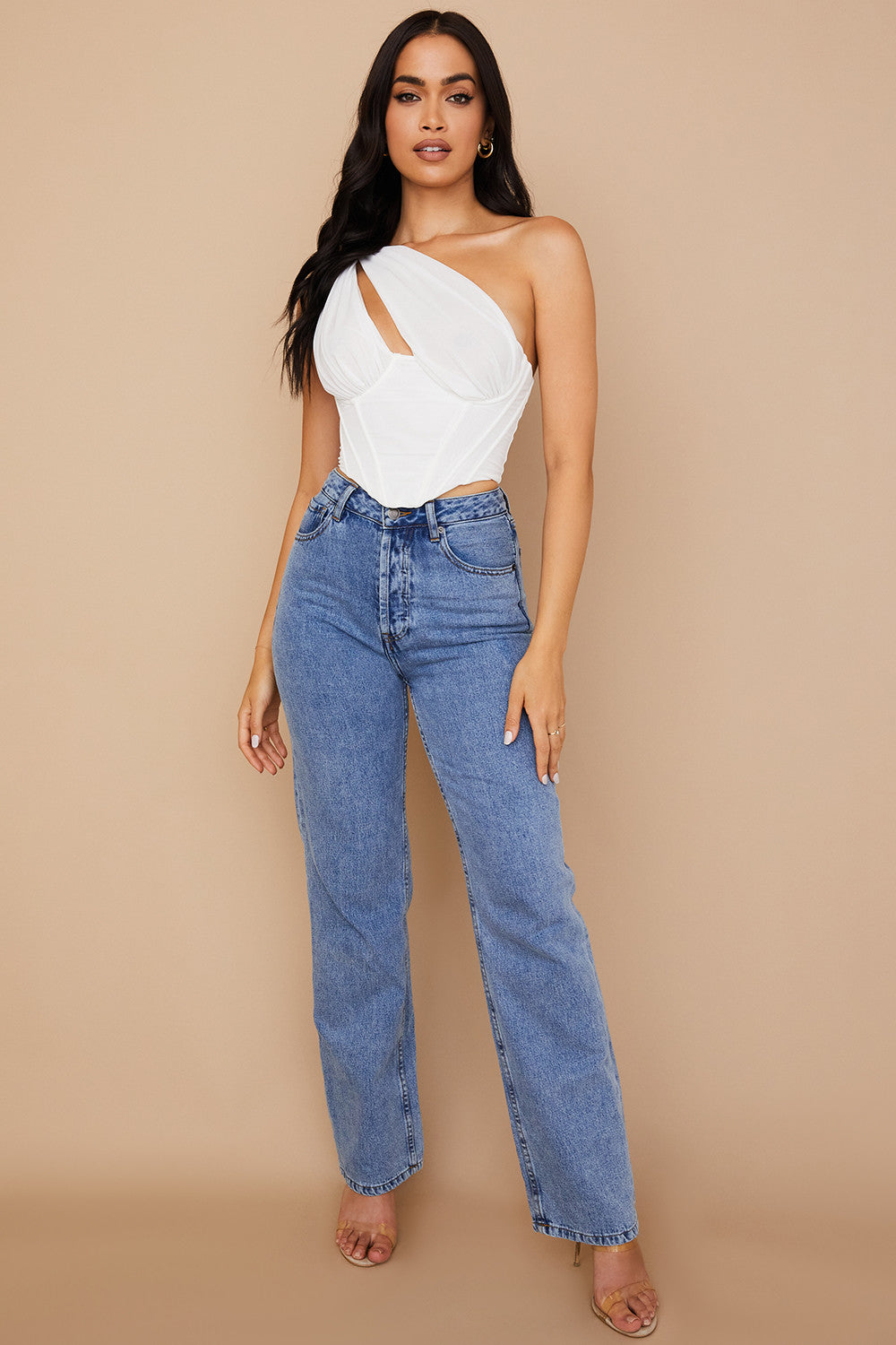 Havienna - Witte Asymmetrische Top met Mesh en Uitsnede