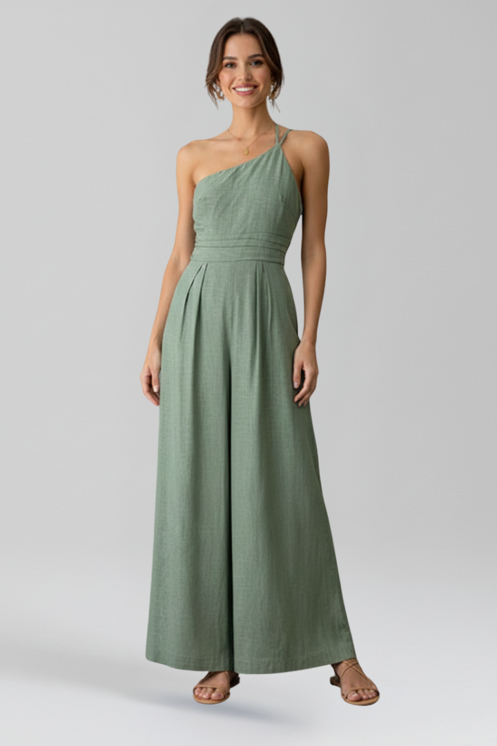 Dames Getailleerde Jumpsuit – Eén Schouder, Wijde Pijpen, Geschikt voor Casual en Feestelijke Gelegenheden