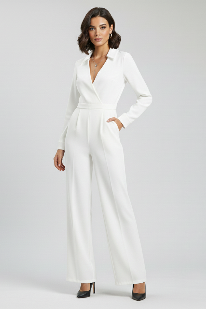 Dames Getailleerde Jumpsuit – Met Kraag en Wijde Pijpen, Geschikt voor Werk en Dagelijks Gebruik