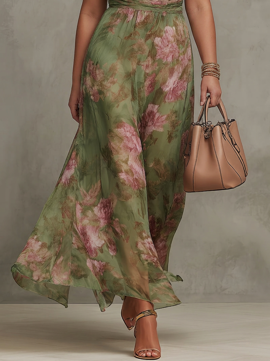 Dames Maxi Jurk Groen Bloemenprint Chiffon Halter