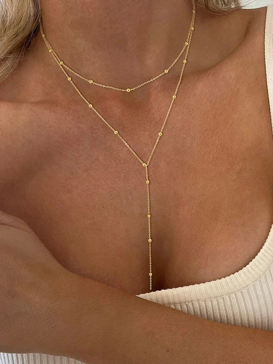 Gouden Laagjes Y-Halsketting – Luxe 3-Delige Damesaccessoire