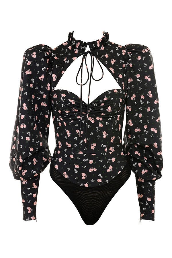 Havina - Zwarte Bloementop met Cut-Out en Hoge Hals