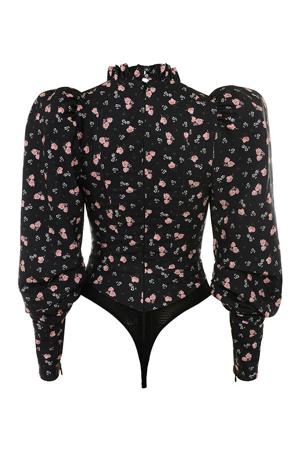 Havina - Zwarte Bloementop met Cut-Out en Hoge Hals