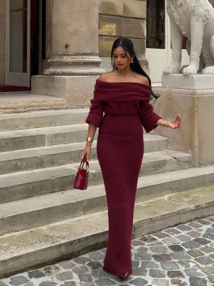 Eloah - Off Shoulder Geplooide Gebreide Maxi Dress