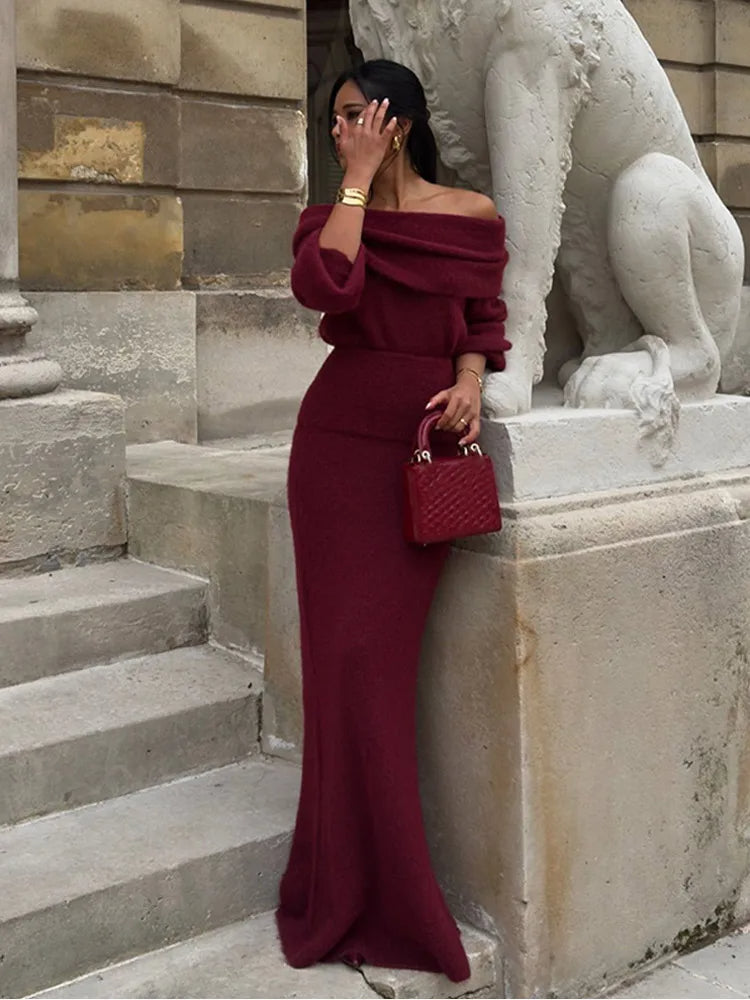 Eloah - Off Shoulder Geplooide Gebreide Maxi Dress