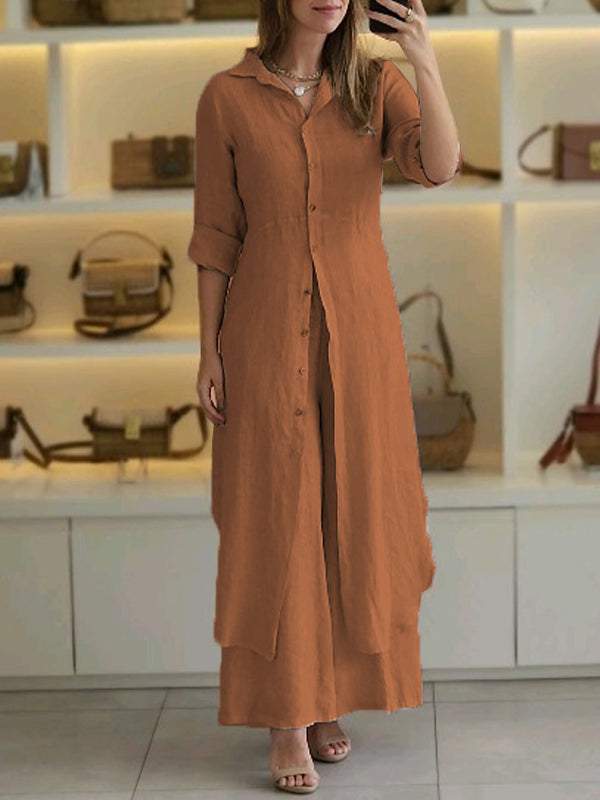 Odett - Modieuze Linnen Set met Lange Mouwen en Broek