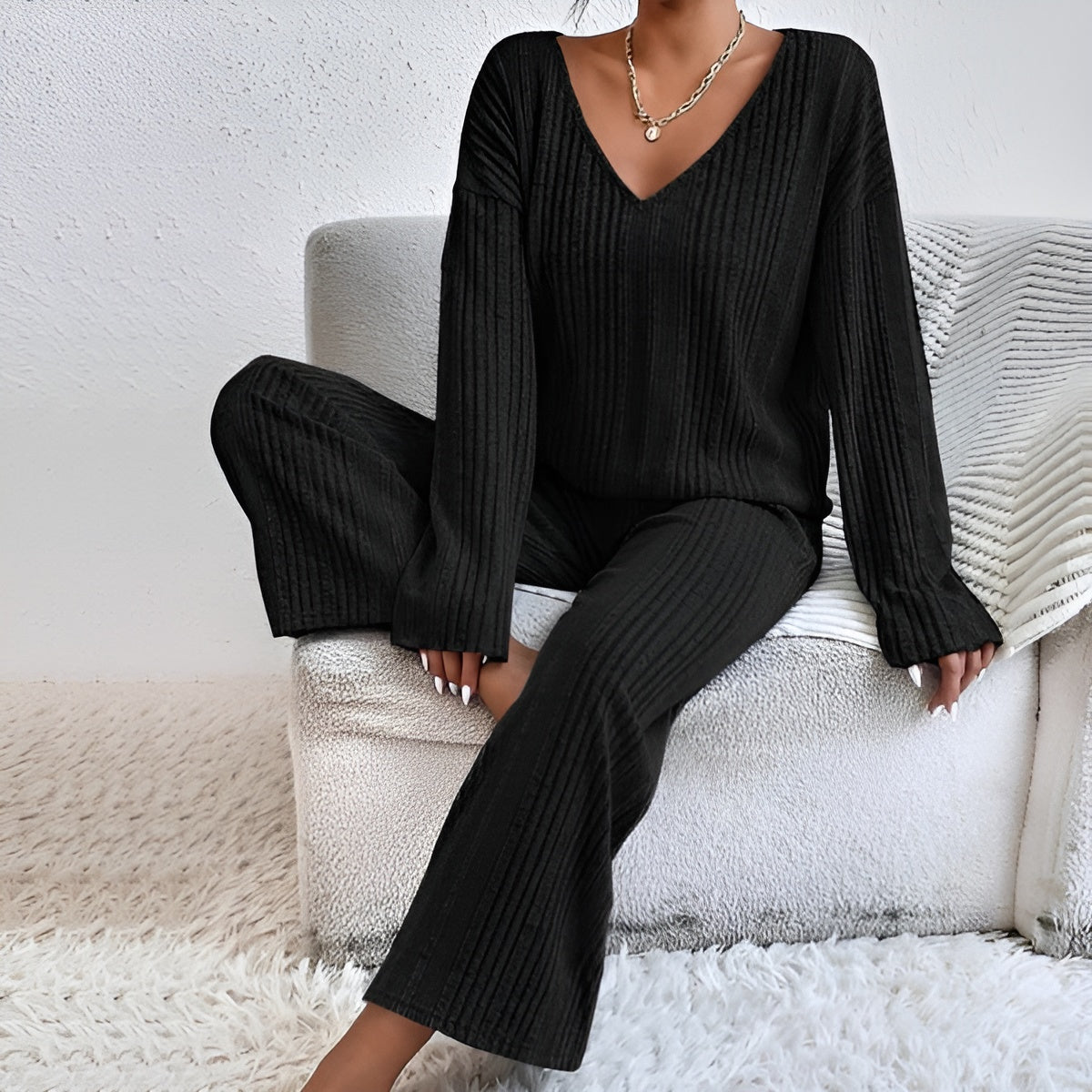Gianna - Gebreide Set met V-Hals Trui en Broek