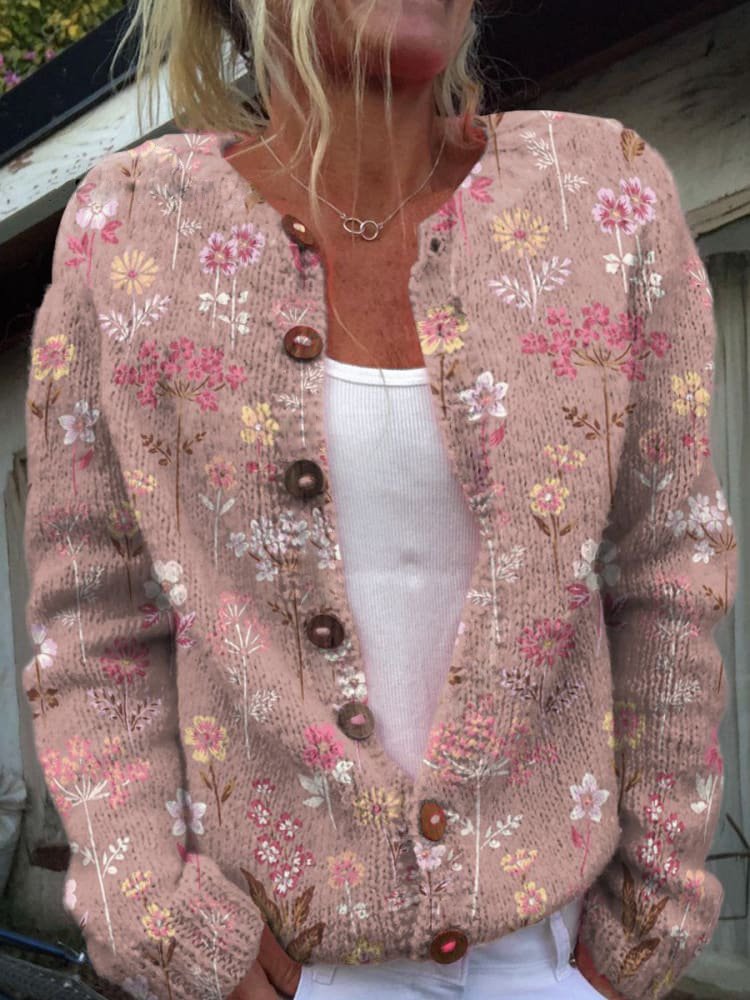 Gebreide Cardigan met Knopen en Bloemenprint – Comfortabele Damestrui voor Alle Seizoenen
