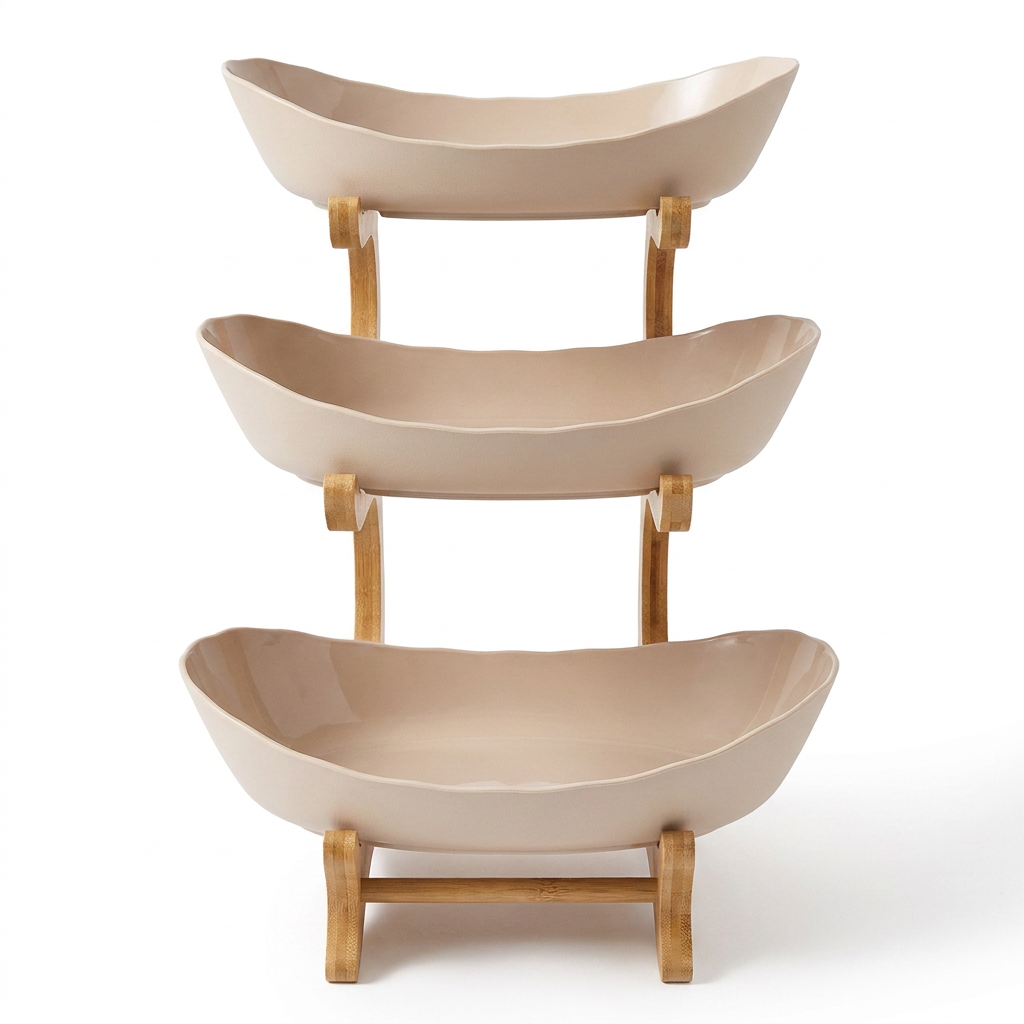 Three-tiered serving tray with beige bowls on a white background